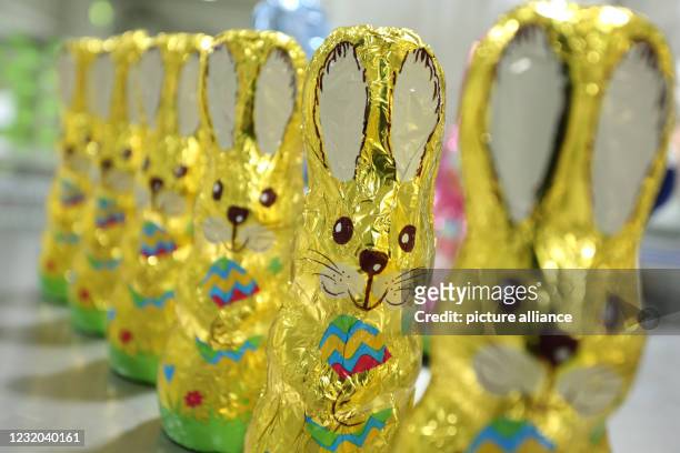 March 2021, Saxony-Anhalt, Wernigerode: Millions of chocolate products, like these chocolate Easter bunnies, come off the production line at Wergona....
