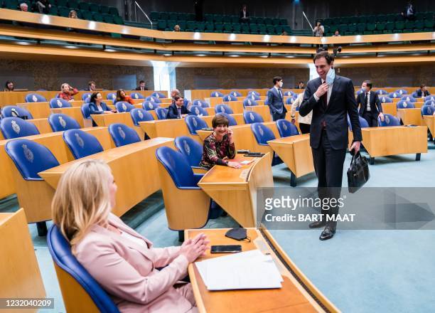 Lilian Marijnissen , Lilianne Ploumen and Wopke Hoekstra arrive at the House of representatives, on March 31 2021 in The Hague, during a debate about...