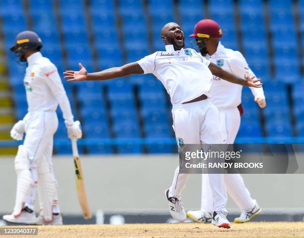 Jermaine Blackwood of West Indies appeals for lbw against Dhananjaya de Silva of Sri Lanka during day 3 of the 2nd Test between West Indies and Sri...