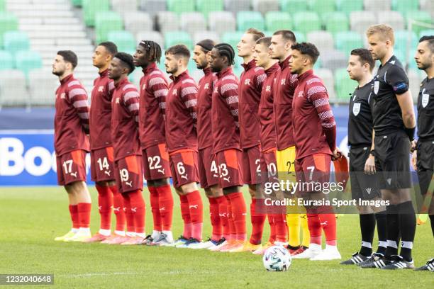 Switzerland squad as they line up for the National Anthems during the 2021 UEFA European Under-21 Championship Group D match between Switzerland and...