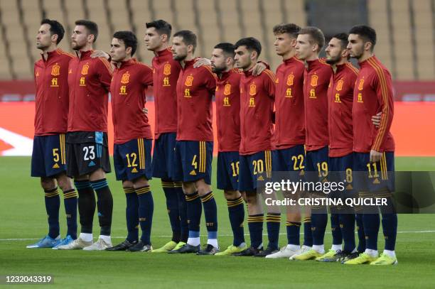 Spain's midfielder Sergio Busquets, Spain's goalkeeper Unai Simon, Spain's midfileder Eric Garcia, Spain's forward Alvaro Morata, Spain's defender...