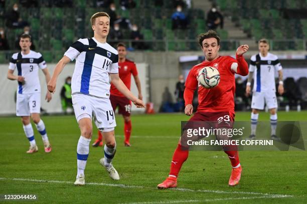 Switzerland's midfielder Xherdan Shaqiri tries to controls the ball next to Finland's defender Robert Ivanov during the football friendly match...