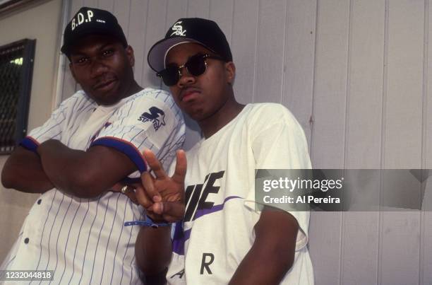 Rapper KRS-One appears backstage with D-Nice before he performs as the headliner at Central Park SummerStage at Rumsey Playfield on June 18, 1991 in...