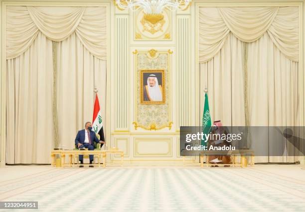 Crown Prince of Saudi Arabia Mohammed bin Salman meets Iraqi Prime Minister Mustafa Al-Kadhimi at Al Yamamah Palace in Riyadh, Saudi Arabia on March...