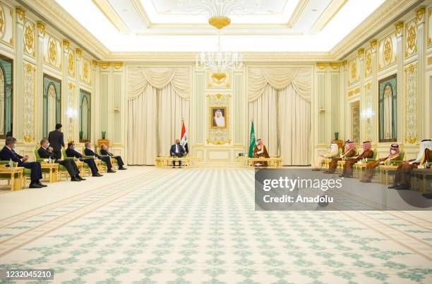 Crown Prince of Saudi Arabia Mohammed bin Salman meets Iraqi Prime Minister Mustafa Al-Kadhimi at Al Yamamah Palace in Riyadh, Saudi Arabia on March...