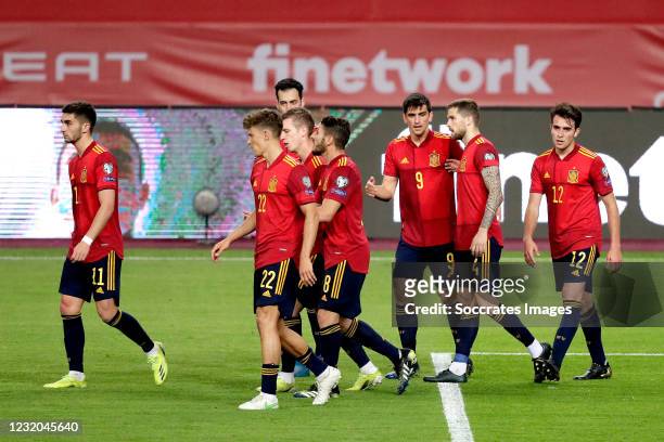 Gerard Moreno of Spain celebrates 3-1 with Dani Olmo of Spain, Sergio Busquets of Spain, Koke of Spain, Ferran Torres of Spain, Marcos Llorente of...