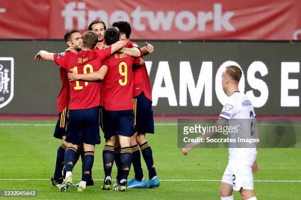 Gerard Moreno of Spain celebrates 3-1 with Dani Olmo of Spain, Sergio Busquets of Spain, Koke of Spain during the World Cup Qualifier match between...