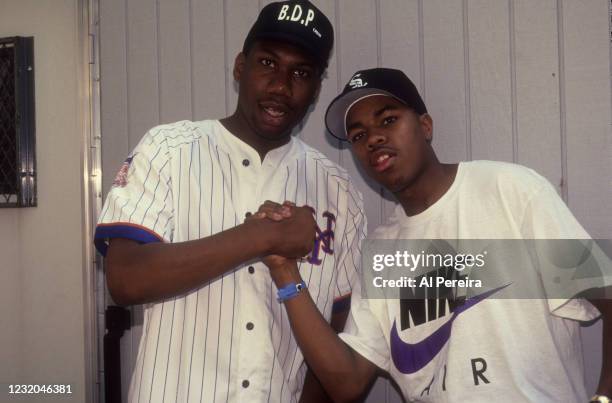 Rapper KRS-One appears backstage with D-Nice before he performs as the headliner at Central Park SummerStage at Rumsey Playfield on June 18, 1991 in...