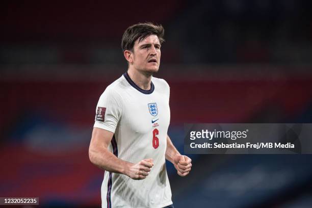 Harry Maguire of England after scoring goal during the FIFA World Cup 2022 Qatar qualifying match between England and Poland on March 31, 2021 in...