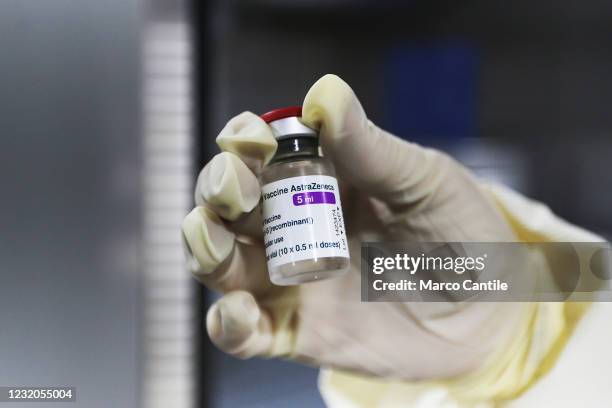 Vial of AstraZeneca vaccine, inside the vaccine preparation room of the vaccination center in the pheasant room of the Capodimonte Museum.