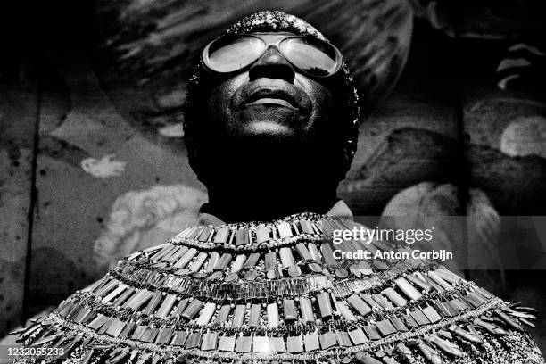 Musician Sun Ra poses for a portrait on January 1, 1982 in London, England.