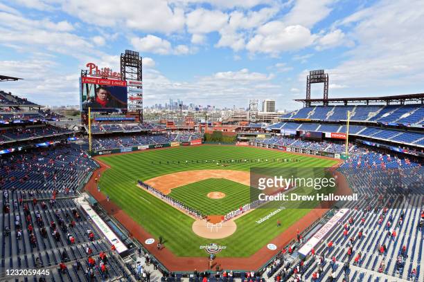 General view during the national anthem before the start of the game between the against the Atlanta Braves and against the Philadelphia Phillies on...