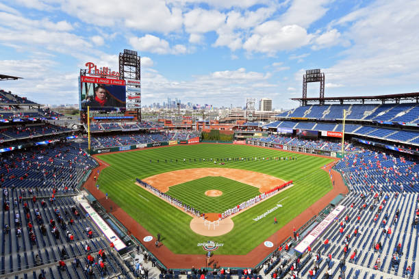 General view during the national anthem before the start of the game between the against the Atlanta Braves and against the Philadelphia Phillies on...