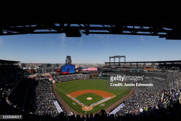 General view of the stadium during the National Anthem as fighter jets fly over the stadium before the Los Angeles Dodgers take on the Colorado...