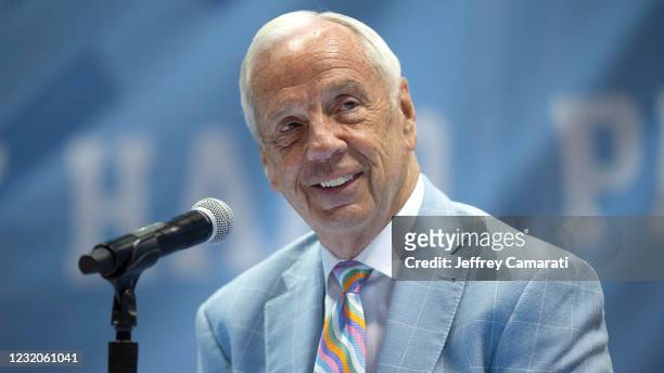 Roy Williams, head basketball coach at the University of North Carolina, speaks during his retirement announcement at Dean E. Smith Center on April...