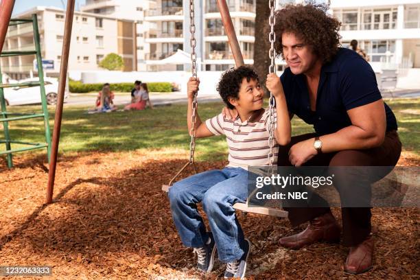 Young Rock -- "My Day With Andre" Episode 106 -- Pictured: Adrian Groulx as Dwayne, Matthew Willig as Andre The Giant --