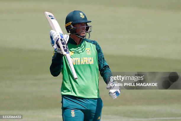 South Africa's Rassie van der Dussen celebrates after scoring a half-century during the first one-day international cricket match between South...