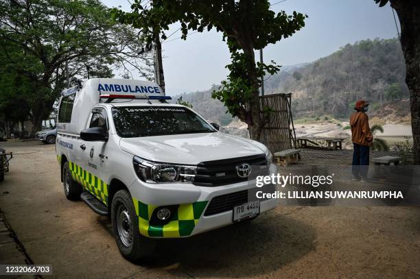 An ambulance is seen in Mae Sam Laep town on the Thai side of the Salween river in Mae Hong Son province on April 2 across from where Myanmar...