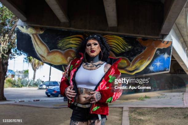 Diego Garijo's alter ego, Lola Pistola poses for a picture at Chicano Park on April 01, 2021 in San Diego, California. Born in Guanajuato, Mexico,...