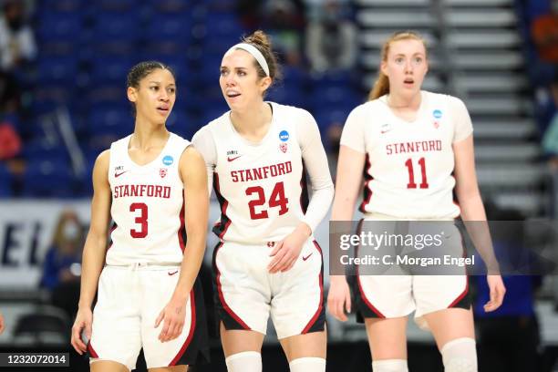 Anna Wilson of the Stanford Cardinal and Lacie Hull of the Stanford Cardinal look on against the Louisville Cardinals during the fourth quarter in...