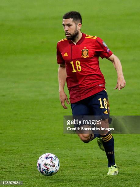 Jordi Alba of Spain during the World Cup Qualifier match between Spain v Kosovo at the La Cartuja Stadium on March 31, 2021 in Sevilla Spain
