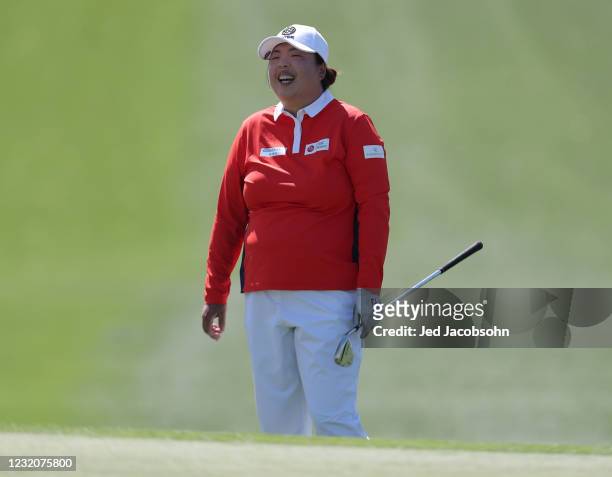 Shanshan Feng of China smiles on the ninth hole during round two of the ANA Inspiration at the Dinah Shore course at Mission Hills Country Club on...