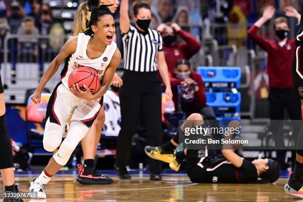 Kiana Williams of the Stanford Cardinal celebrates as time runs off the clock in their game against the South Carolina Gamecocks during the...