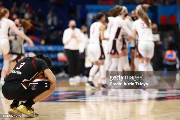 Destanni Henderson of the South Carolina Gamecocks reacts following the defeat against the Stanford Cardinal during the semifinals of the NCAA...