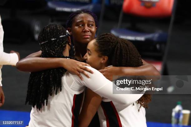 Aliyah Boston of the South Carolina Gamecocks and teammates react after the defeat against the Stanford Cardinal in the semifinals of the NCAA Womens...