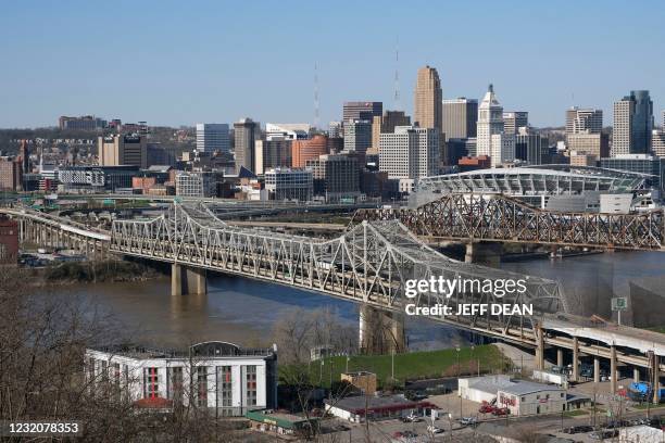 The Brent Spence Bridge spans the Ohio River on the Ohio-Kentucky border in Cincinnati, Ohio on April 2, 2021. - US President Biden has announced an...