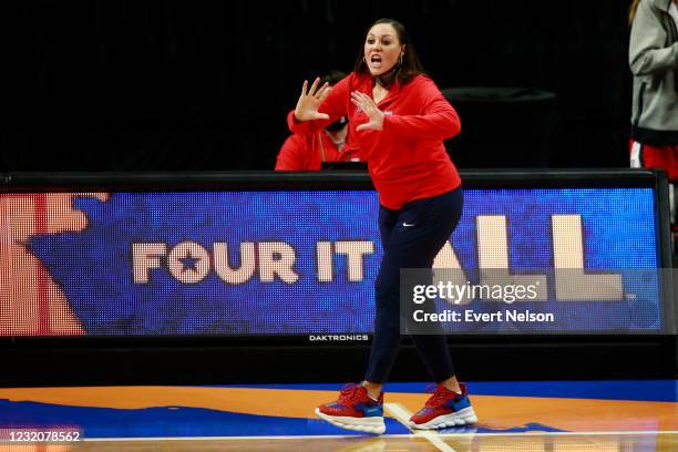 Head Coach Adia Barnes of the Arizona Wildcats instructs her team against the Connecticut Huskies during the semifinals of the NCAA Womens Basketball...