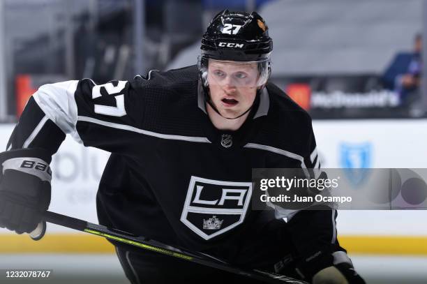 Austin Wagner of the Los Angeles Kings looks on during the second period against the San Jose Sharks at STAPLES Center on April 2, 2021 in Los...