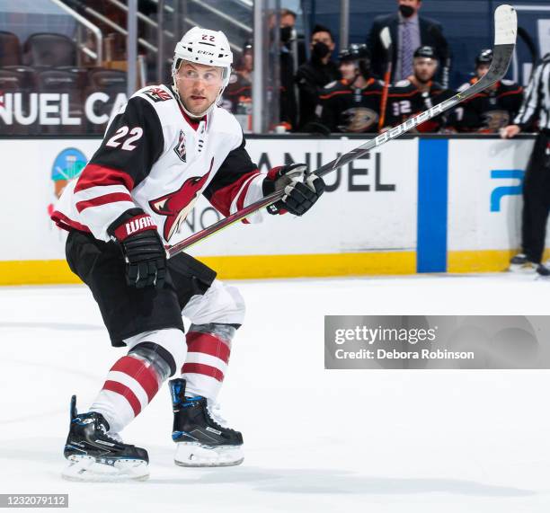 Johan Larsson of the Arizona Coyotes skates against the Anaheim Ducks during the first period of the game at Honda Center on April 2, 2021 in...