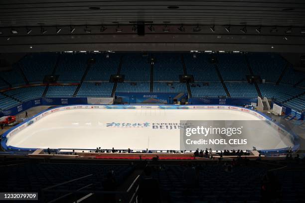 General view shows the ice rink at the Capital Indoor Stadium in Beijing during a figure skating test event for the 2022 Beijing Winter Olympic Games...