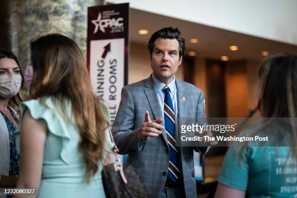 Rep. Matt Gaetz, R-Fla., speaks with fans during the Conservative Political Action Conference CPAC held at the Hyatt Regency Orlando on Saturday, Feb...