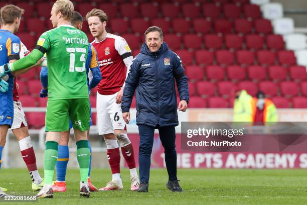 Northampton Town's manager Jon Brady celebrates the win with the players after the Sky Bet League One match between Northampton Town and Shrewsbury...