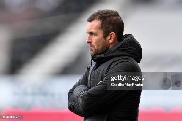 Nathan Jones, manager of Luton Town during the Sky Bet Championship match between Derby County and Luton Town at the Pride Park, Derby on Friday 2nd...