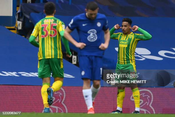 West Bromwich Albion's Brazilian midfielder Matheus Pereira celebrates after he scores his team's second goal during the English Premier League...