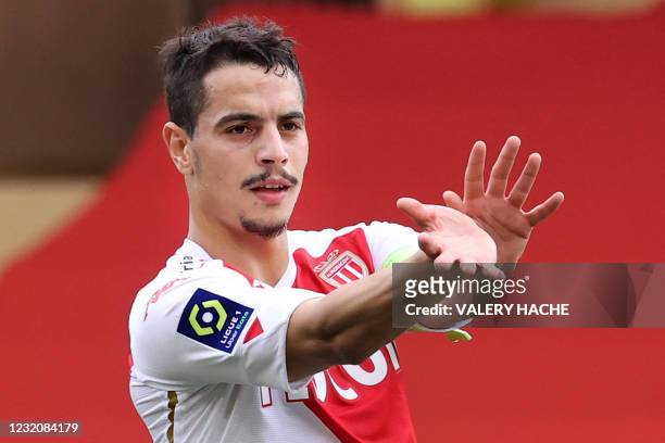 Monaco's French forward Wissam Ben Yedder celebrates after scoring a goal during the French L1 football match between AS Monaco and FC Metz at the...