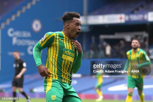 Matheus Pereira of West Bromwich Albion celebrates after he cores a goal to make it 1-2 during the Premier League match between Chelsea and West...