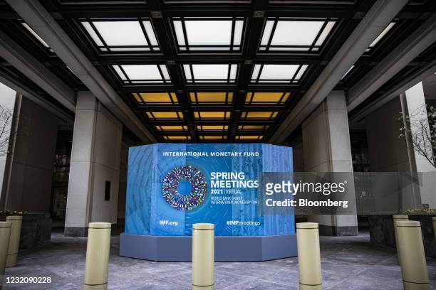International Monetary Fund and World Bank spring meetings signage at the IMF headquarters in Washington, D.C., U.S., on Saturday, April 3, 2021. The...
