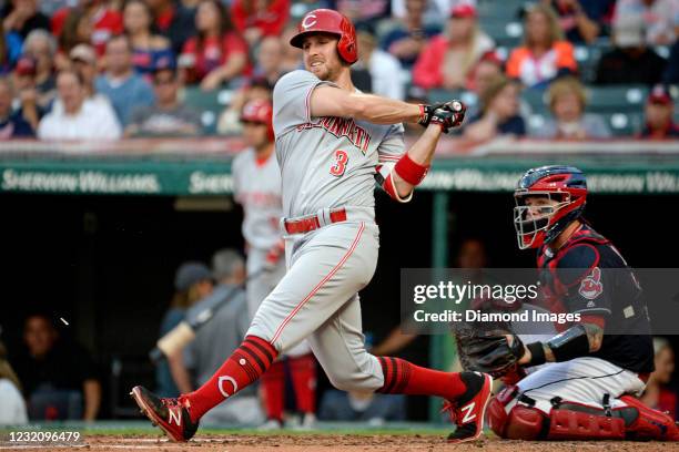 Left fielder Patrick Kivlehan of the Cincinnati Reds bats in the fifth inning of a game against the Cleveland Indians at Progressive Field on July...