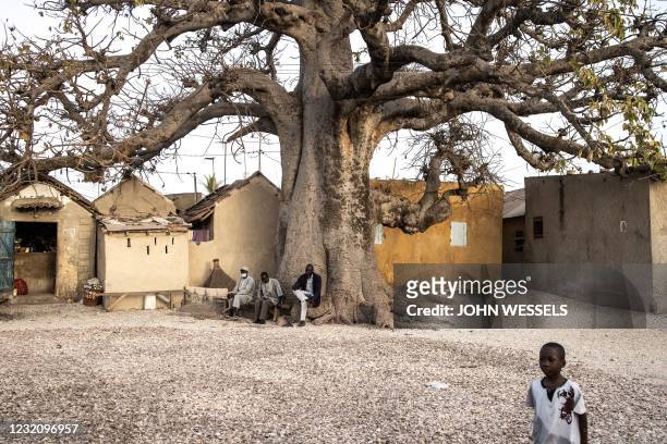 Three men sit under the towns sacred baobab tree on the Island of Fadiouth, Senegal on April 3, 2021. - The village of Fadiouth lies on an island of...