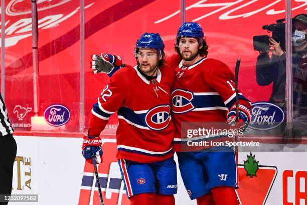 Montreal Canadiens right wing Josh Anderson celebrates his goal with Montreal Canadiens left wing Jonathan Drouin during the Ottawa Senators versus...