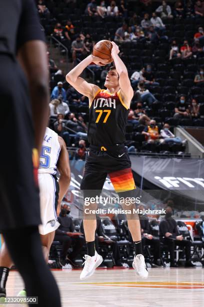 Ersan Ilyasova of the Utah Jazz shoots a three point basket during the game against the Orlando Magic on April 3, 2021 at vivint.SmartHome Arena in...