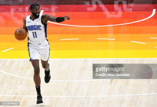 James Ennis III of the Orlando Magic calls out a play during the NBA game against the Utah Jazz at Vivint Smart Home Arena on April 3, 2021 in Salt...