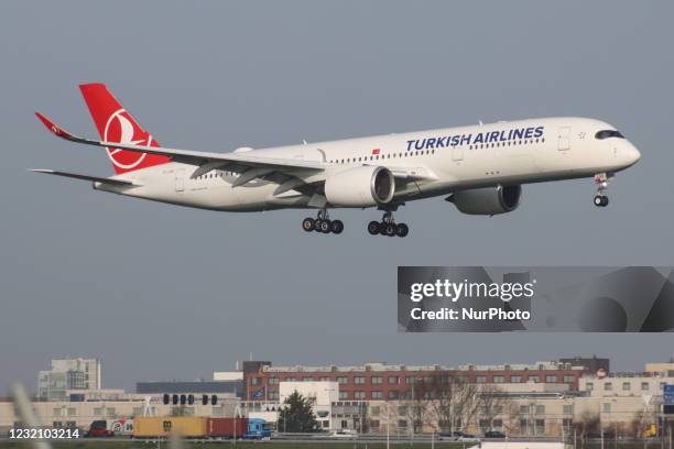 New Turkish Airlines Airbus A350-900 aircraft as seen flying and landing at Amsterdam Schiphol AMS EHAM airport. The almost brand new advanced and...