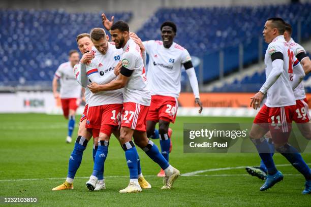 Aaron Hunt of Hamburg celebrates after scoring the opening goal with teammate Joasha Vagnoman during the Second Bundesliga match between Hannover 96...