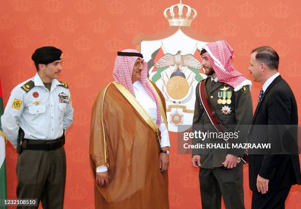 Sons of late King Hussein of Jordan, Prince Faisal , Prince Hashem , Prince Hamzah and Arab Saudi Sheikh Mohammed Abu Nayan , chat together during a...