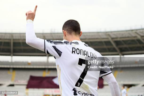 Cristiano Ronaldo of Juventus gestures during the Serie A match between Torino FC and Juventus at Stadio Olimpico di Torino on April 03, 2021 in...